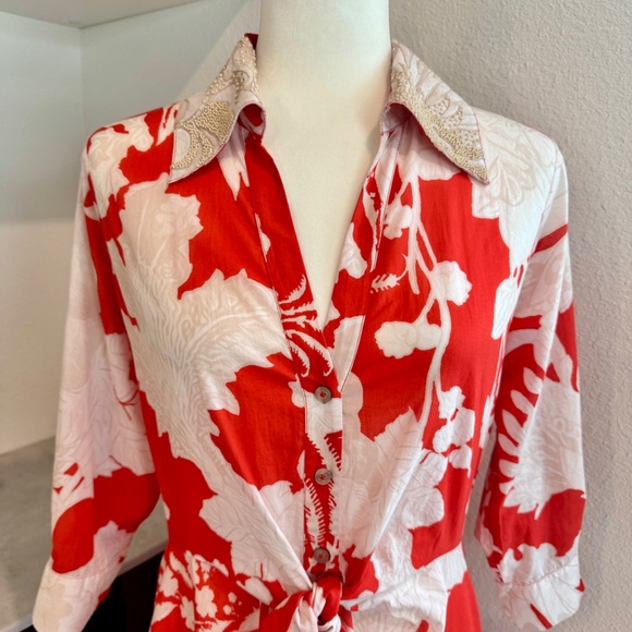 Figue Kate Floral V-Neck Beaded Collar Floral Button Down Shirt Dress Size 6 J - Picture 2 of 10